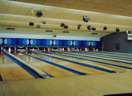 The wood lanes at 281 Bowl with blue pin-deck lighting