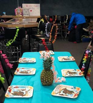 A decorated party table at 281 Bowl